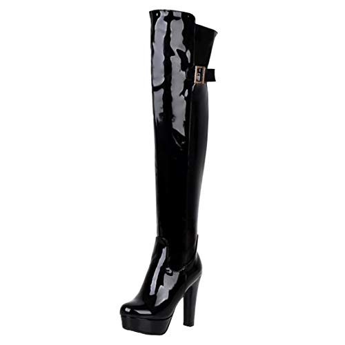 MISSUIT Damen Lack Overkneestiefel High Heels Blockabsatz Boots Plateau Stiefel mit Schnallen und Reißverschluss(Schwarz,38) von MISSUIT