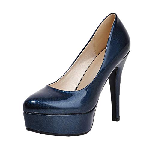 MISSUIT Damen Lack Plateau High Heels Stiletto Pumps 12cm Absatz Round Toe Geschlossen Schuhe(Blau,35) von MISSUIT