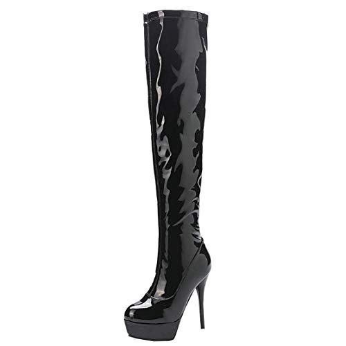 MISSUIT Damen Lack Plateau Overknee Stiefel High Heels Extrem Stiefel Oberschenkel Stiletto Platform Boots Reißverschluss(Schwarz,43) von MISSUIT