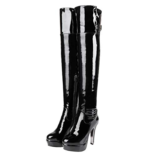 MISSUIT Damen Lack Plateau Overknee Stiefel High Heels Stiefel Stiletto Reißverschluss Schnallen Herbst Winter Boots(Schwarz,41) von MISSUIT