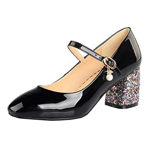 MISSUIT Damen Lack Pumps Blockabsatz Mary Jane High Heels mit Riemchen Glitzer Absatz Schuhe(Schwarz,38) von MISSUIT