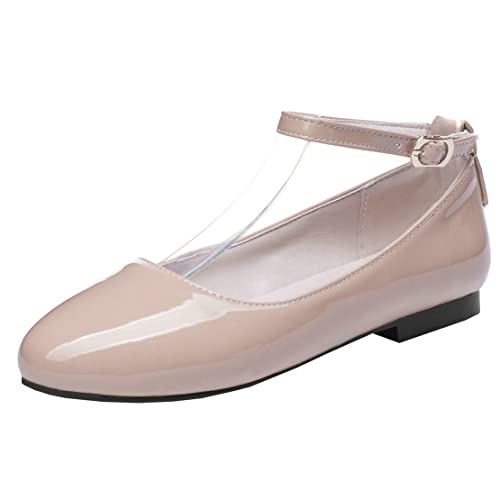 MISSUIT Damen Lack Pumps Riemchen Flach Ballerina Mary Jane Sommer Schuhe(Beige,45) von MISSUIT