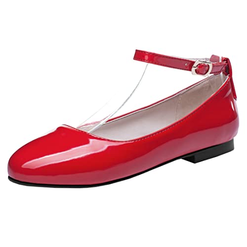 MISSUIT Damen Lack Pumps Riemchen Flach Ballerina Mary Jane Sommer Schuhe(Rot,41) von MISSUIT