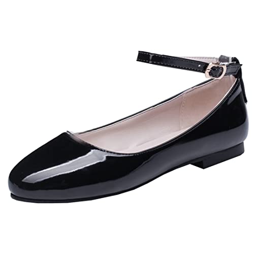 MISSUIT Damen Lack Pumps Riemchen Flach Ballerina Mary Jane Sommer Schuhe(Schwarz,38) von MISSUIT