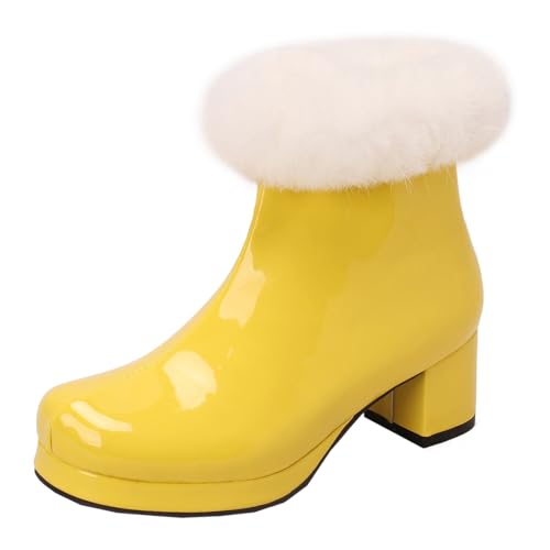 MISSUIT Damen Lack Stiefeletten Gefüttert mit Blockabsatz High Heels Plateau Ankle Boots Fell Warm Winterstiefel Reißverschluss Winterschuhe(Gelb,41) von MISSUIT