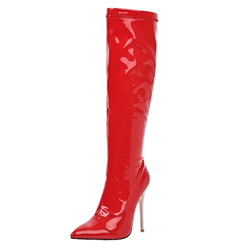 MISSUIT Damen Lackstiefel Kniehoch Spitze High Heels Stiefel Stiletto Knee High Boots Reißverschluss Langschaft Winterstiefel(Rot,45) von MISSUIT