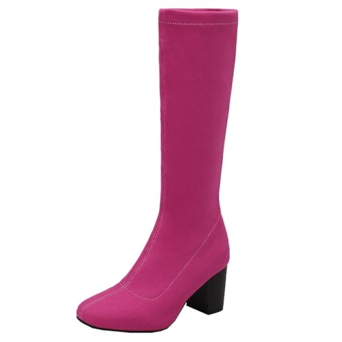 MISSUIT Damen Langschaft Stiefel High Heels Blockabsatz Stiefel Kniehoch Stretch Hohe Stiefel Strick Kniehohe Stiefel Schuhe(Pink,40) von MISSUIT