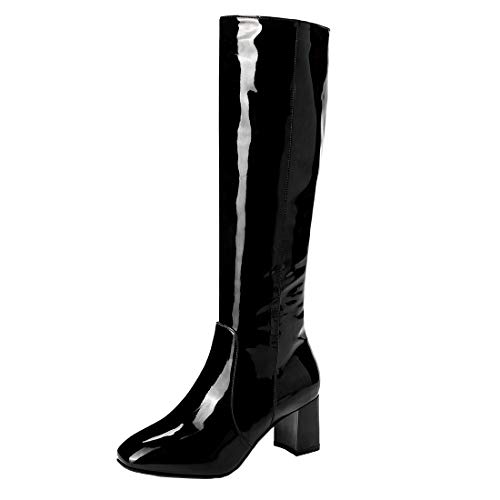 MISSUIT Damen Langschaftstiefel Blockabsatz Lackstiefel High Heels Kniehohe Stiefel mit Reißverschluss High Knee Stiefel(Schwarz,41) von MISSUIT