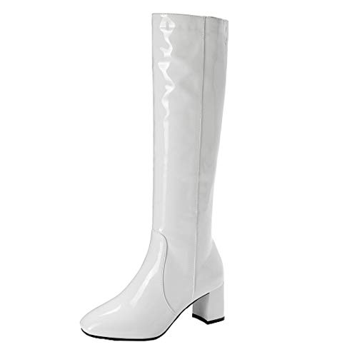 MISSUIT Damen Langschaftstiefel Blockabsatz Lackstiefel High Heels Kniehohe Stiefel mit Reißverschluss High Knee Stiefel(Weiß,36) von MISSUIT