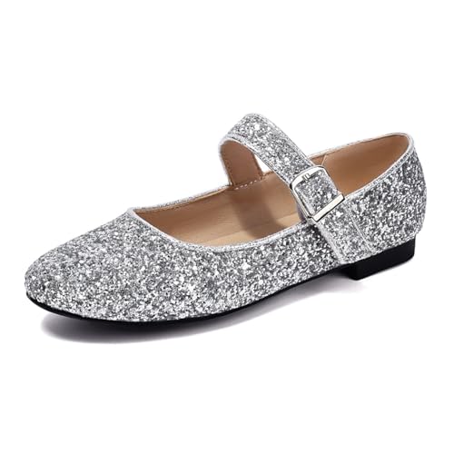 MISSUIT Damen Mary Jane Ballerinas Schnallen Glitzer Flache Schuhe(Silber,39) von MISSUIT