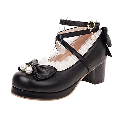 MISSUIT Damen Mary Jane Blockabsatz High Heels Chunky Heels Pumps mit Riemchen Schleife Schuhe(Schwarz,44) von MISSUIT