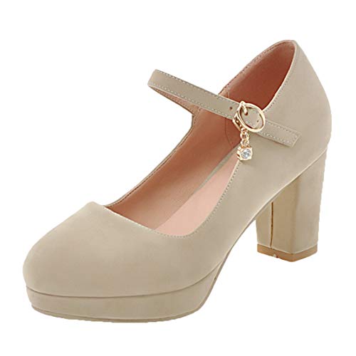 MISSUIT Damen Mary Jane Blockabsatz High Heels Plateau Pumps mit Riemchen Geschlossen Schuhe(Beige,34) von MISSUIT