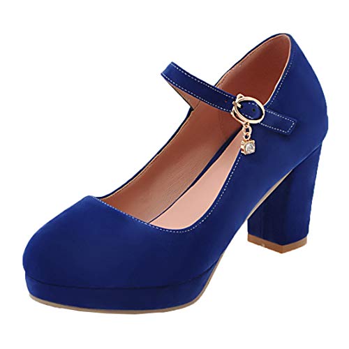 MISSUIT Damen Mary Jane Blockabsatz High Heels Plateau Pumps mit Riemchen Geschlossen Schuhe(Blau,37) von MISSUIT