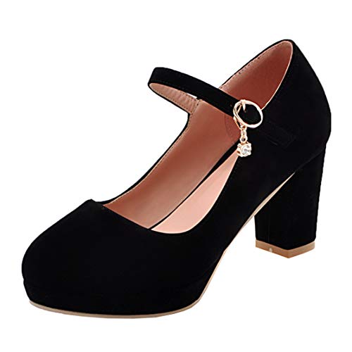 MISSUIT Damen Mary Jane Blockabsatz High Heels Plateau Pumps mit Riemchen Geschlossen Schuhe(Schwarz,38) von MISSUIT