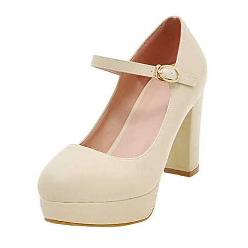 MISSUIT Damen Mary Jane Damenschuhe Blockabsatz Riemchen Pumps High Heels Plateau Geschlossen(Beige,35) von MISSUIT