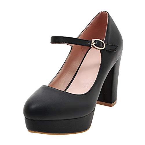 MISSUIT Damen Mary Jane Damenschuhe Blockabsatz Riemchen Pumps High Heels Plateau Geschlossen(Schwarz,36) von MISSUIT