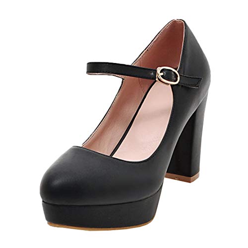 MISSUIT Damen Mary Jane Damenschuhe Blockabsatz Riemchen Pumps High Heels Plateau Geschlossen(Schwarz,38) von MISSUIT