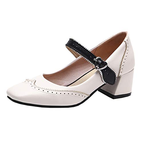 MISSUIT Damen Mary Jane Damenschuhe Blockabsatz Vintage Chunky Heels Pumps mit Riemchen Retro Schuhe(Beige,40) von MISSUIT