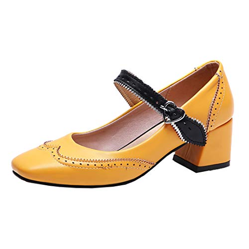 MISSUIT Damen Mary Jane Damenschuhe Blockabsatz Vintage Chunky Heels Pumps mit Riemchen Retro Schuhe(Gelb,39) von MISSUIT