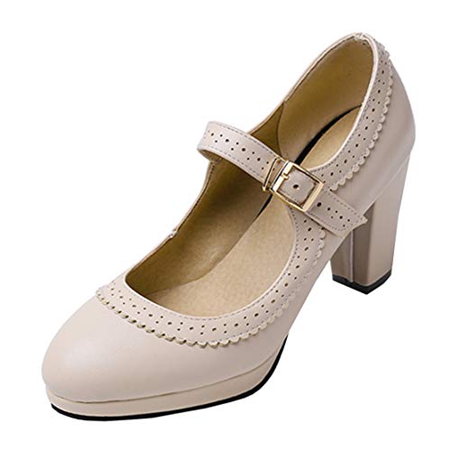 MISSUIT Damen Mary Jane Damenschuhe High Heels Pumps mit Blockabsatz und Riemchen Retro Vintage Schuhe(Beige,40) von MISSUIT