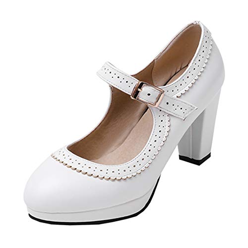 MISSUIT Damen Mary Jane Damenschuhe High Heels Pumps mit Blockabsatz und Riemchen Retro Vintage Schuhe(Weiß,40) von MISSUIT