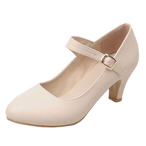 MISSUIT Damen Mary Jane Damenschuhe Kitten Heel Pumps mit Knöchelriemchen Kleinem Absatz Schuhe(Beige,35) von MISSUIT