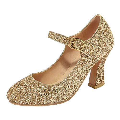 MISSUIT Damen Mary Jane Glitzer High Heels Riemchen Pumps Blockabsatz Schnalle Hochzeit Brautschuhe(Gold,40) von MISSUIT