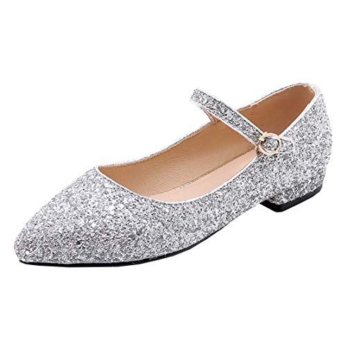 MISSUIT Damen Mary Jane Glitzer Pumps Flach mit Riemchen Spitz Hochzeitsschuhe(Silber,38) von MISSUIT