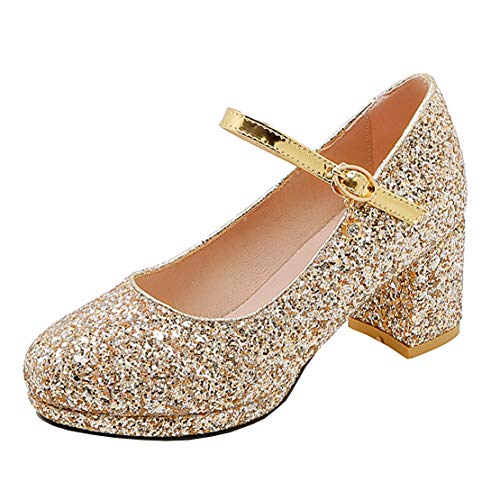 MISSUIT Damen Mary Jane Glitzer Pumps mit Blockabsatz und Riemchen Hochzeit Brautschuhe(Gold,40) von MISSUIT