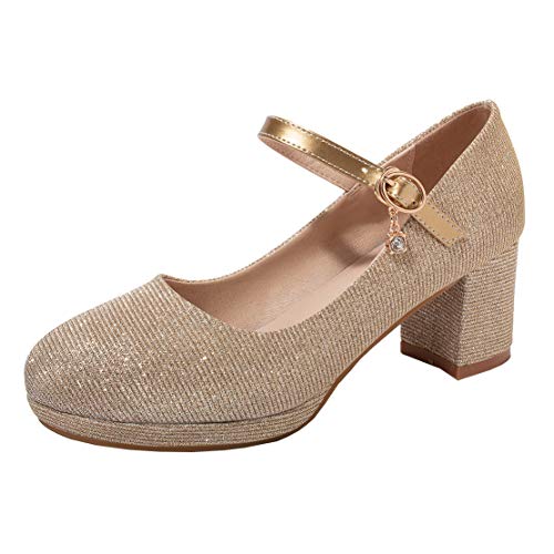 MISSUIT Damen Mary Jane Glitzer Pumps mit Riemchen Blockabsatz und Plateau Hochzeit Brautschuhe(Gold,37) von MISSUIT