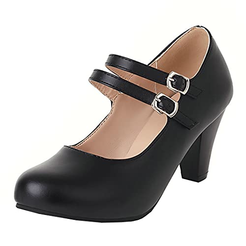 MISSUIT Damen Mary Jane High Heels Blockabsatz Pumps mit Riemchen Geschlossen Schuhe(Schwarz,41) von MISSUIT