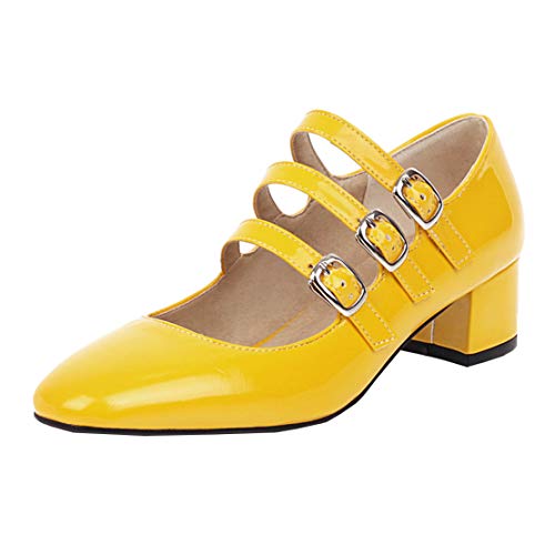 MISSUIT Damen Mary Jane Lack Schuhe Chunky Heels Pumps mit Blockabsatz und Riemchen Schnalle(Gelb,38) von MISSUIT