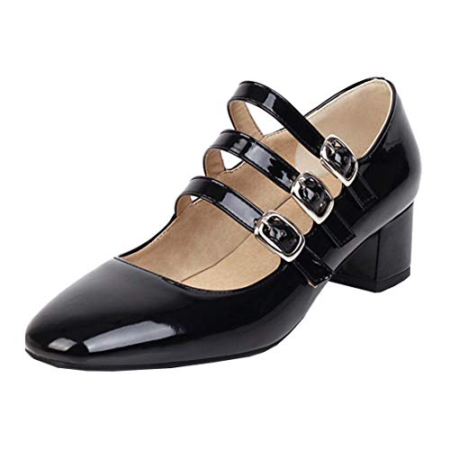 MISSUIT Damen Mary Jane Lack Schuhe Chunky Heels Pumps mit Blockabsatz und Riemchen Schnalle(Schwarz,41) von MISSUIT