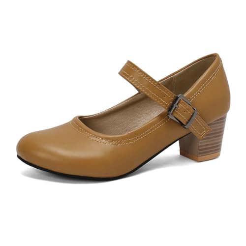 MISSUIT Damen Mary Jane Pumps Blockabsatz Schnallen(Gelb,38) von MISSUIT
