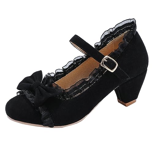 MISSUIT Damen Mary Jane Pumps Blockabsatz mit Riemchen und Schleife Lace Rockabilly Round Toe Schuhe(Schwarz,38) von MISSUIT