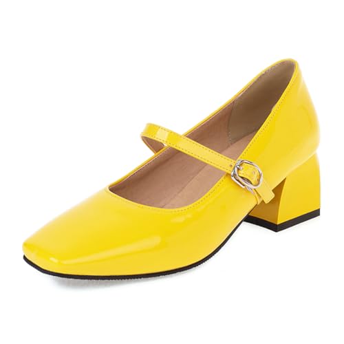 MISSUIT Damen Mary Jane Pumps Lack 5cm Blockabsatz(Gelb,34) von MISSUIT