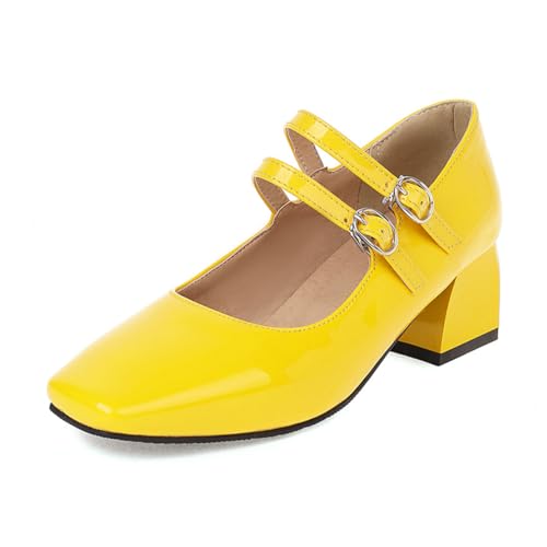 MISSUIT Damen Mary Jane Pumps Lack Blockabsatz Schnalle(Gelb,42) von MISSUIT