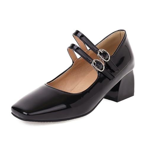 MISSUIT Damen Mary Jane Pumps Lack Blockabsatz Schnalle(Schwarz,41) von MISSUIT