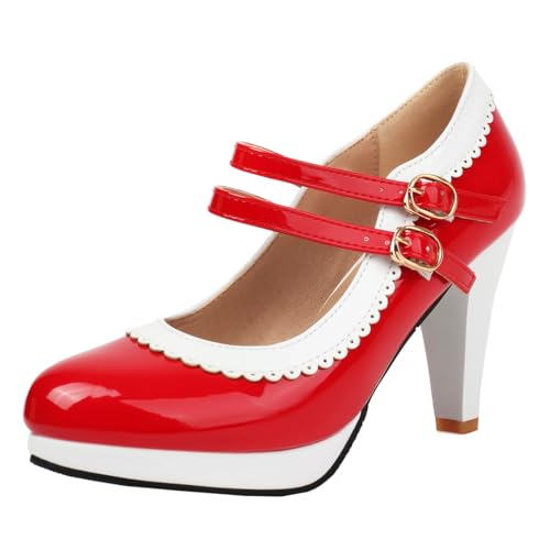 MISSUIT Damen Mary Jane Pumps Lack Riemchen Plateau High Heels Blockabsatz(Rot,43) von MISSUIT