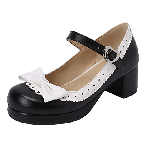 MISSUIT Damen Mary Jane Pumps mit Blockabsatz und Schleife 5cm Absatz Geschlossen Rockabilly Schuhe(Schwarz,37) von MISSUIT