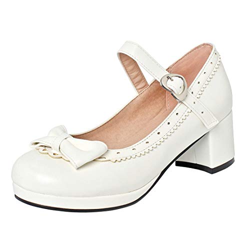 MISSUIT Damen Mary Jane Pumps mit Blockabsatz und Schleife 5cm Absatz Geschlossen Rockabilly Schuhe(Weiß,39) von MISSUIT