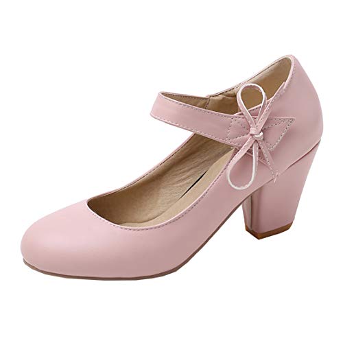 MISSUIT Damen Mary Jane Riemchen Pumps High Heels Blockabsatz Rockabilly Chunky Heels Pumps mit Klettverschluss und Schleife(Pink,40) von MISSUIT