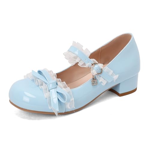 MISSUIT Damen Mary Jane Schuhe Lack Blockabsatz mit Schleife Riemchen(Blau,35) von MISSUIT