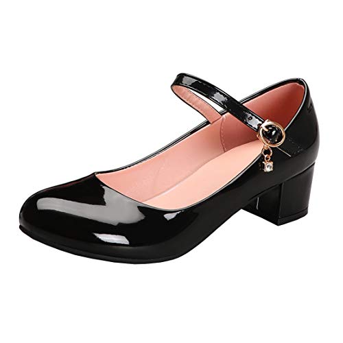 MISSUIT Damen Mary Janes Lack Pumps mit Riemchen und Blockabsatz Chunky Heels Schuhe(Schwarz,38) von MISSUIT