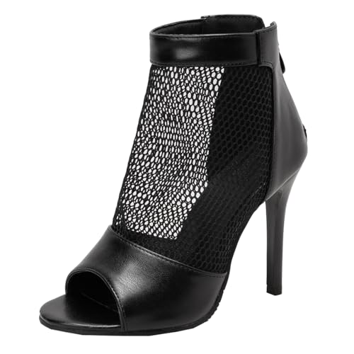 MISSUIT Damen Mesh Stiefeletten mit Peeptoe Stiletto Absatz Reißverschluss(Schwarz,46) von MISSUIT