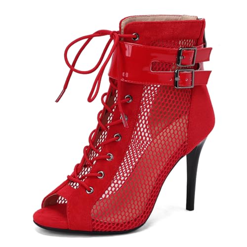 MISSUIT Damen Mesh Stiefeletten mit Schnürung Peeptoe Stiletto Absatz Schnallen(Rot,42) von MISSUIT