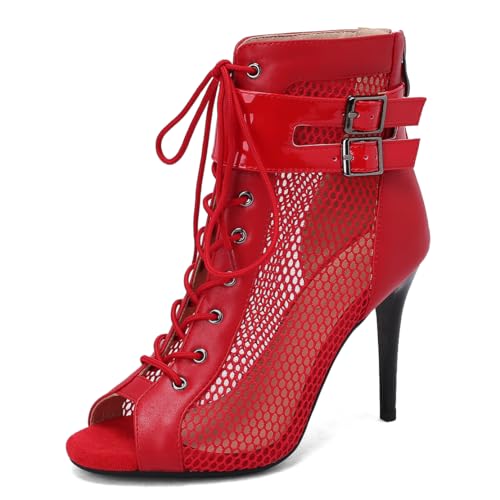 MISSUIT Damen Mesh Stiefeletten mit Schnürung Peeptoe Stiletto Absatz Schnallen(Rot PU,41) von MISSUIT