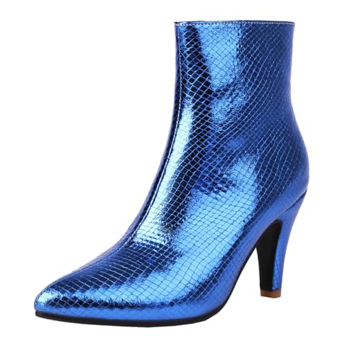 MISSUIT Damen Metallic Ankle Boots Glitzer Stiletto High Heels Stiefeletten Spitz Reißverschluss Schuhe(Blau,40) von MISSUIT