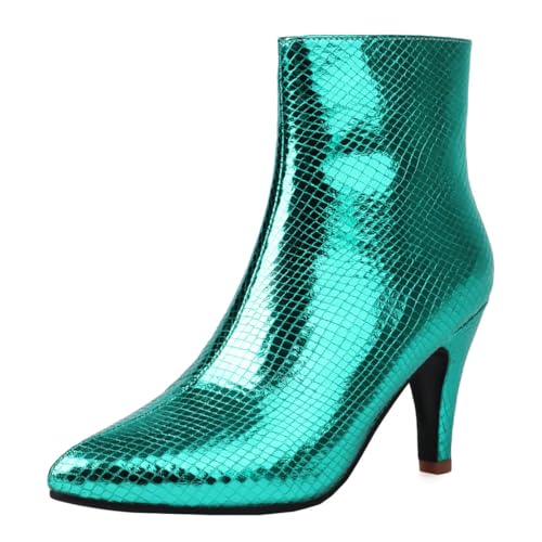 MISSUIT Damen Metallic Ankle Boots Glitzer Stiletto High Heels Stiefeletten Spitz Reißverschluss Schuhe(Grün,43) von MISSUIT