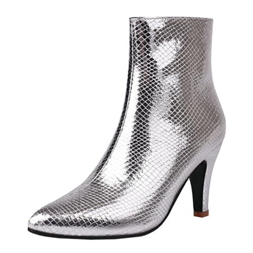 MISSUIT Damen Metallic Ankle Boots Glitzer Stiletto High Heels Stiefeletten Spitz Reißverschluss Schuhe(Silber,45) von MISSUIT